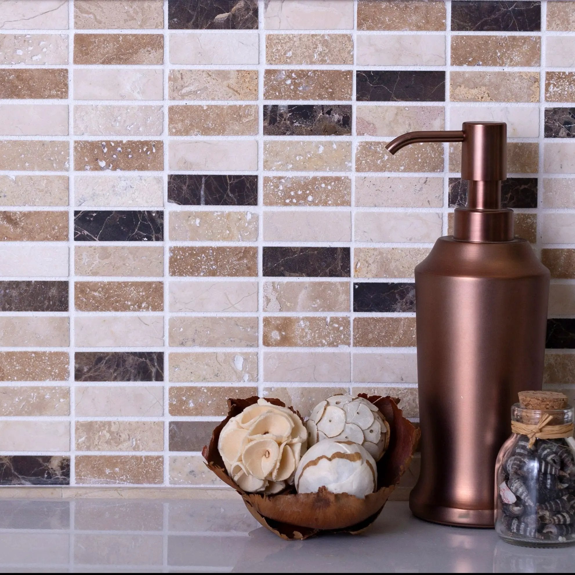Emperador Dark, Beige Travertine 12x12 Polished Brick Marble Mosaic Tile (5 pack, 5 sq ft/case) by Apollo Tile