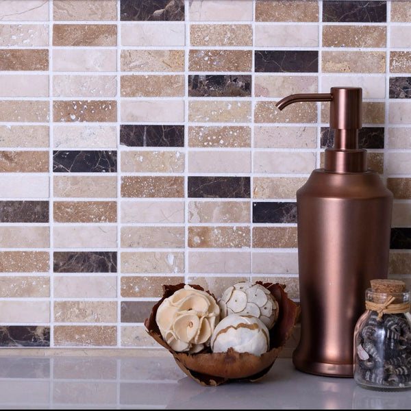Emperador Dark, Beige Travertine 12x12 Polished Brick Marble Mosaic Tile (5 pack, 5 sq ft/case)