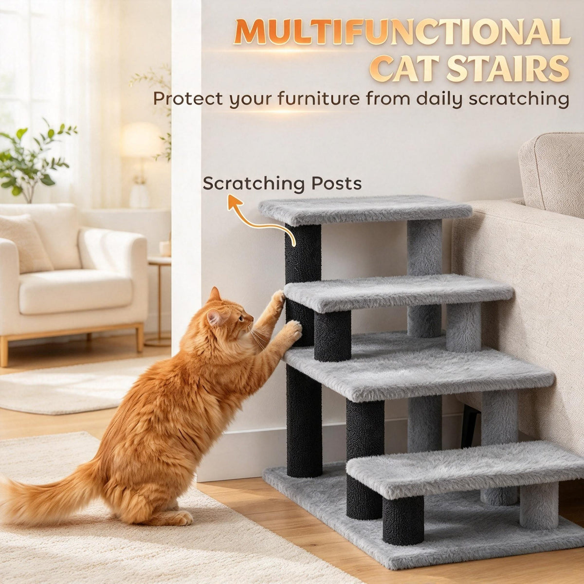 Modular Pet Cat Stairs with Flexible Setup - Particleboard & Plush, Gray/Black, photo 9 of 9