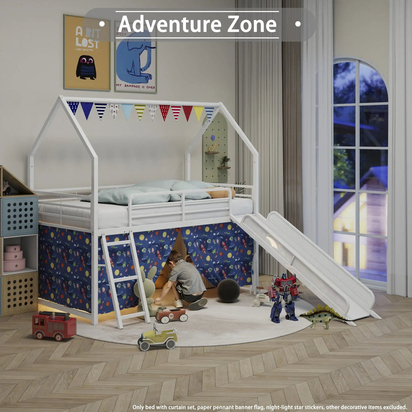 Jack - House Loft Bed With Slide And Curtain Set by HouseOfZazla