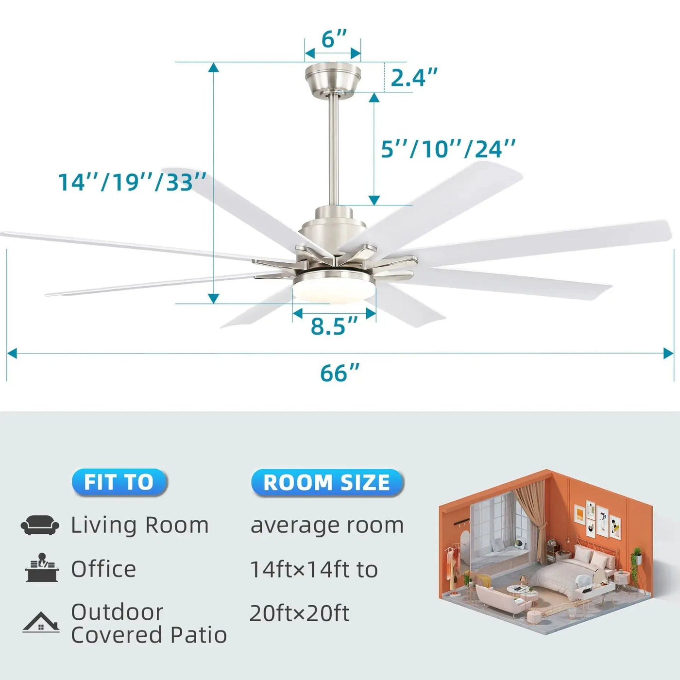 Ceiling Fan With Dimmable LED Light, 8 Blades, Reversible DC Motor, Remote Control by HouseOfZazla