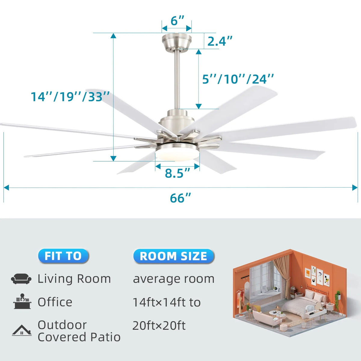 Ceiling Fan with Dimmable LED Light, 8 Blades, Remote Control - Black or White, photo 3 of 8