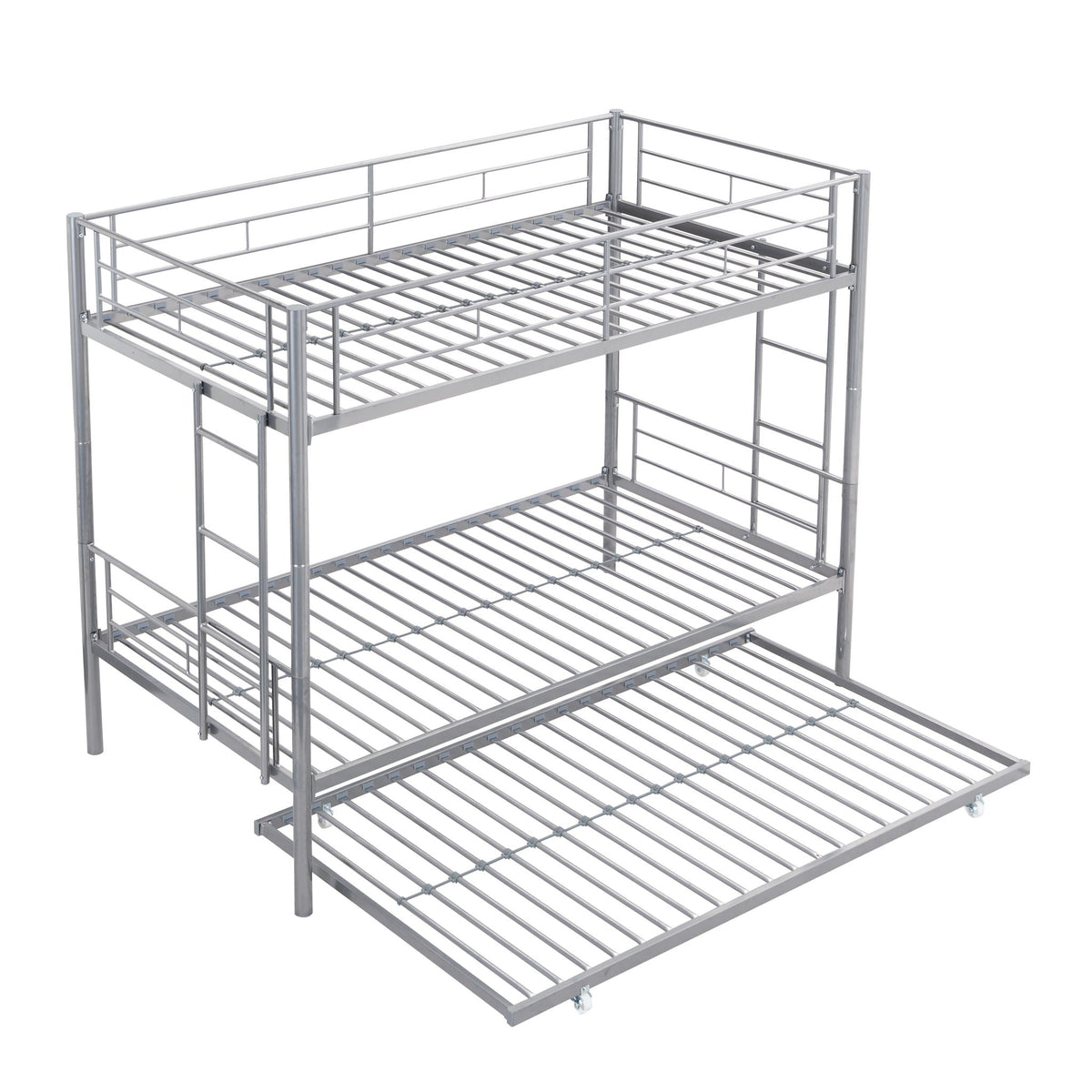 Twin Over Twin Bunk Bed with Trundle - Sturdy Metal Frame - Pearl Silver, White, or Pink, photo 4 of 39