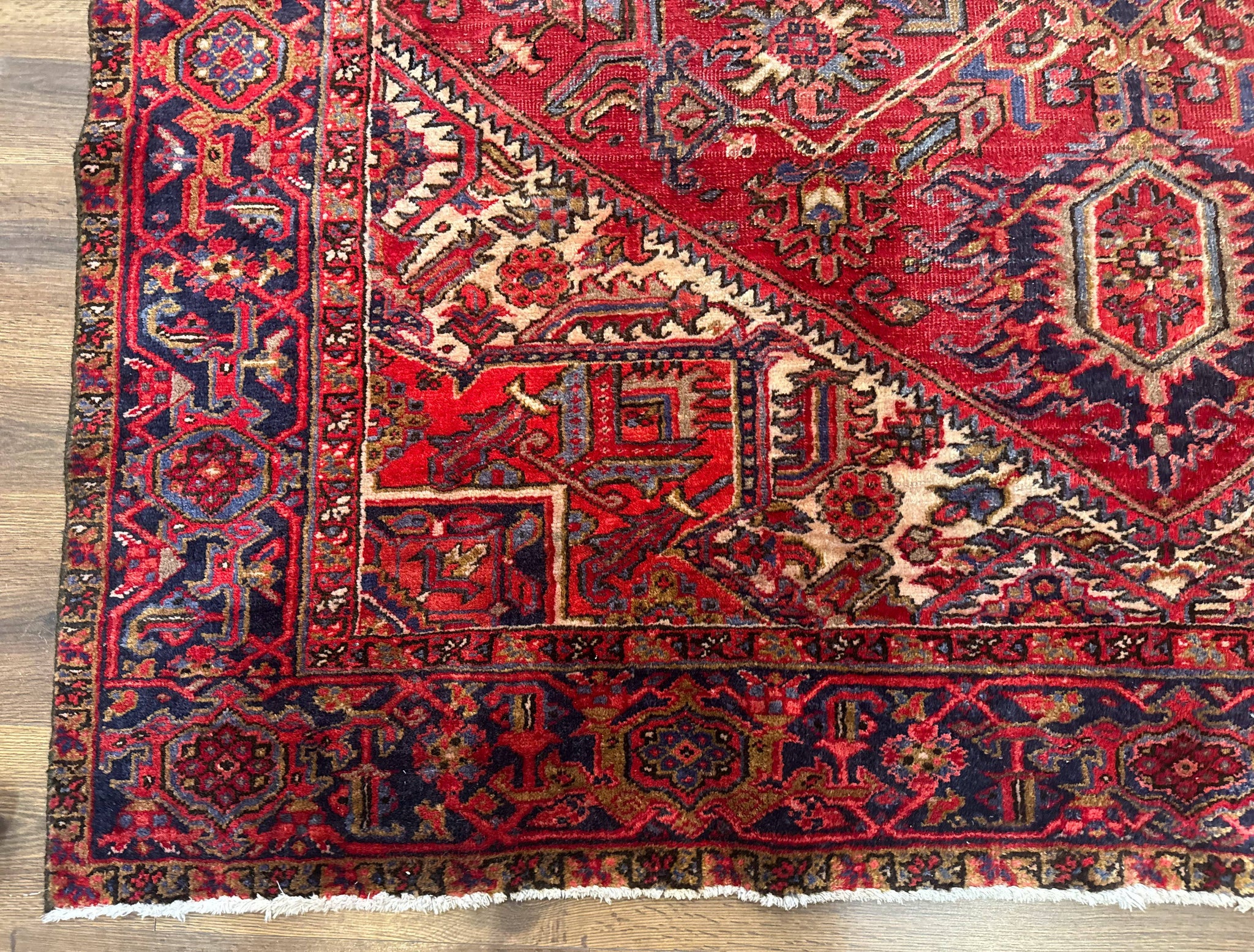 Persian Heriz Rug 7x10, Geometric Pattern, Red Ivory Navy Blue by Jewel Rugs