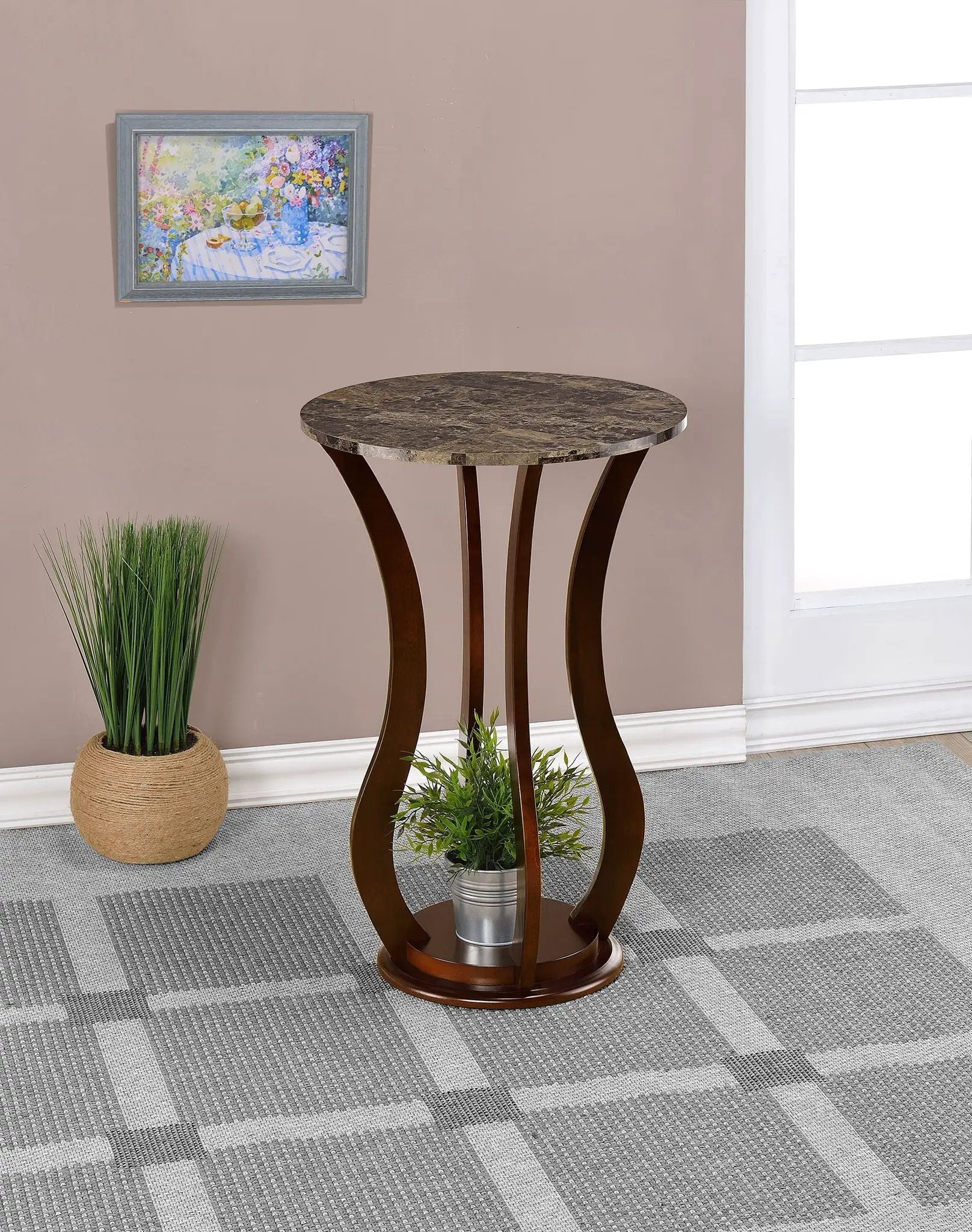 Elton Round Faux Marble Top Plant Stand Brown by Unique Piece Furniture