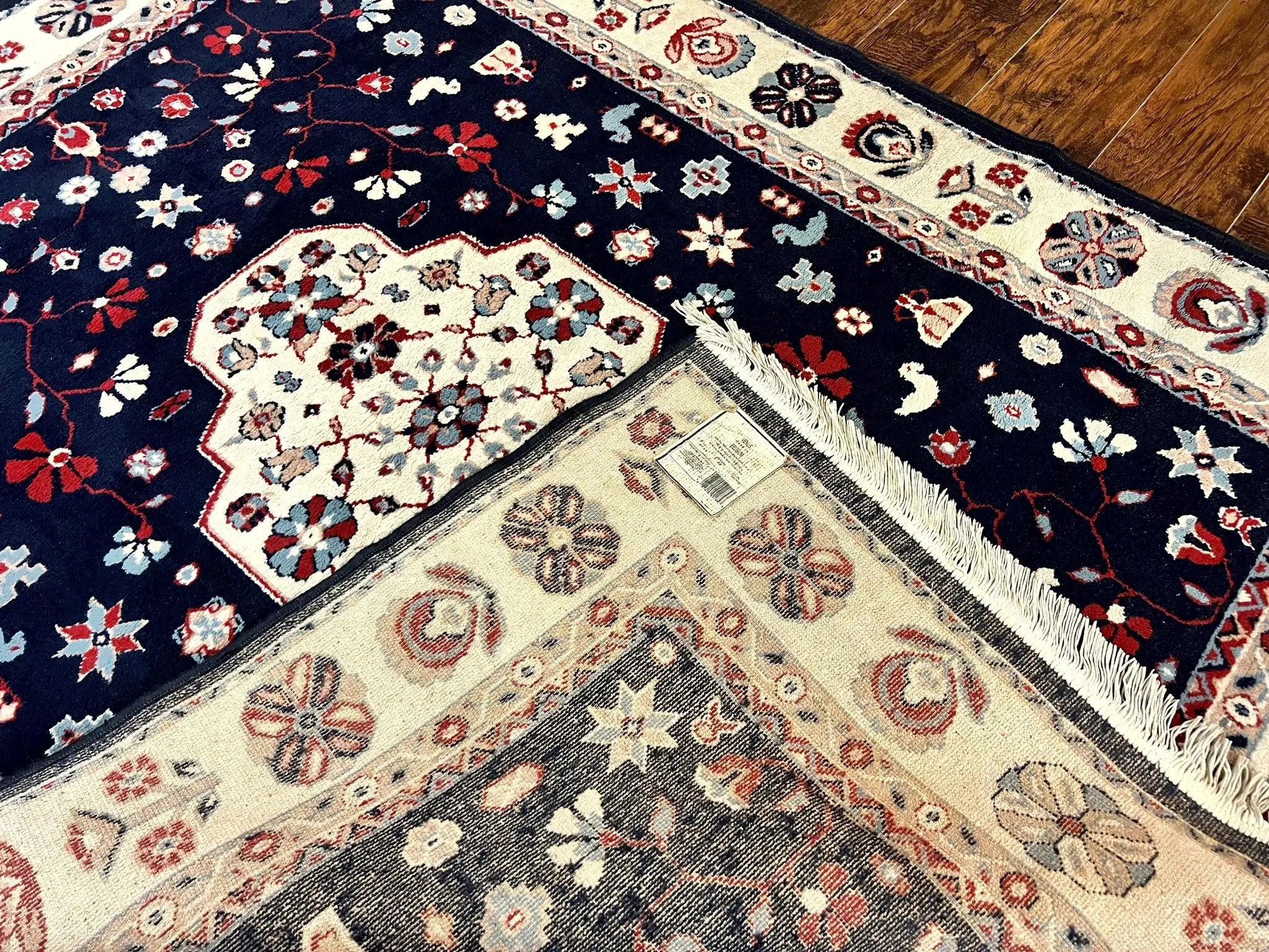 Belgium Power Loomed Rug 5.6 x 7, Navy Blue and Ivory, Heriz Pattern, Vintage Oriental Carpet by Jewel Rugs