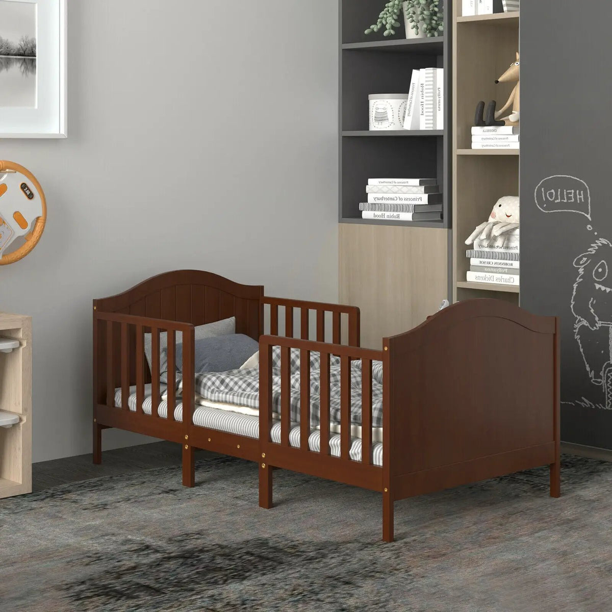 2-in-1 Classic Convertible Wooden Toddler Bed with 2 Side Guardrails for Extra Safety by DirectDeals