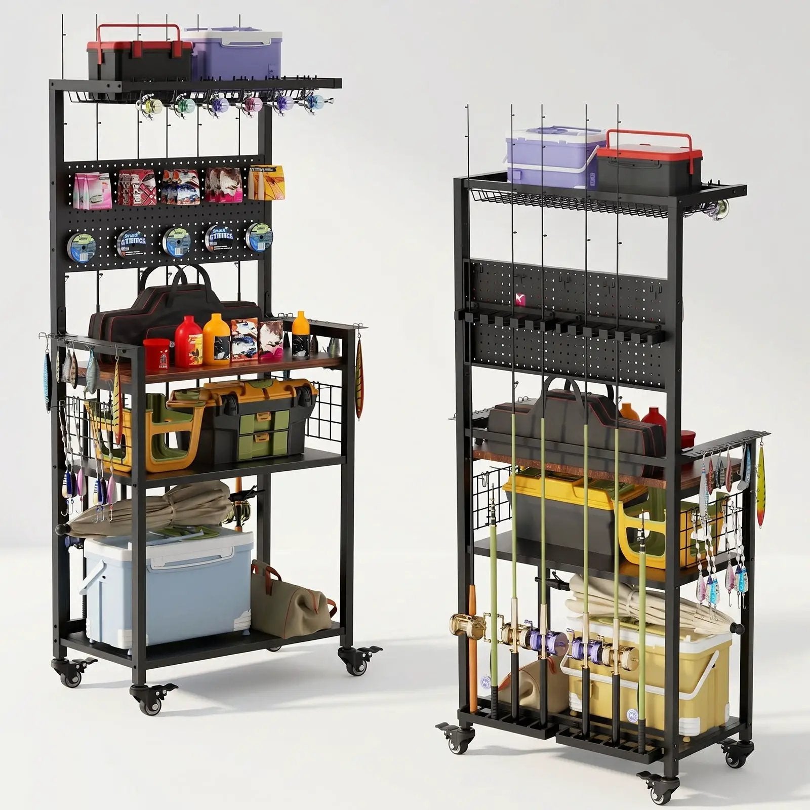 Fishing Rod Storage Rack With Pegboard, Rolling Tackle Organizer Cart - Black by HouseOfZazla
