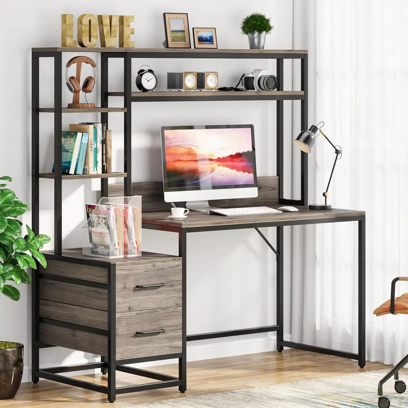 Computer Desk With Hutch, 2 Drawers & Open Shelves by HouseOfZazla