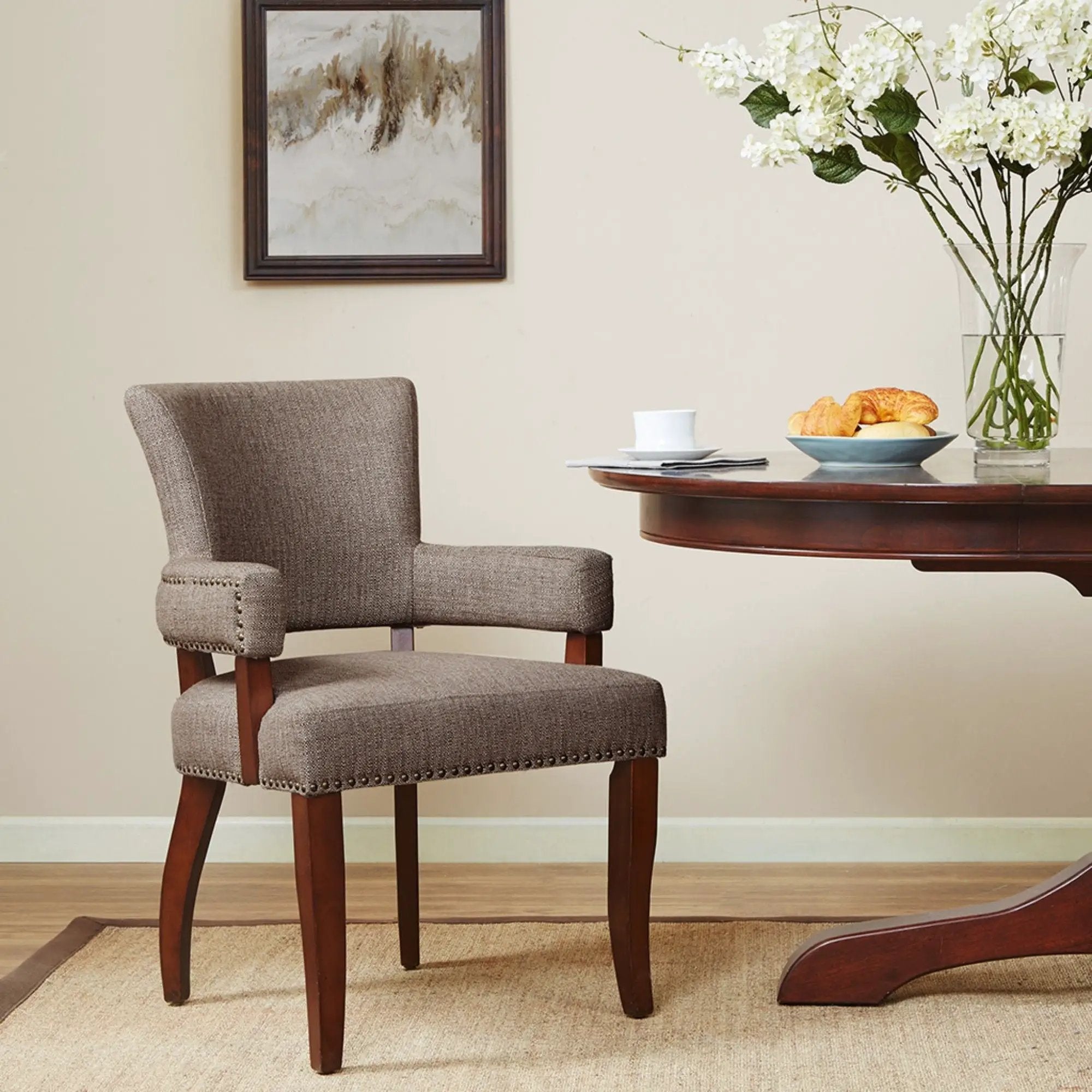 Elegant Arm Dining Chair With Brass Nail Head Detailing by Unique Piece Furniture