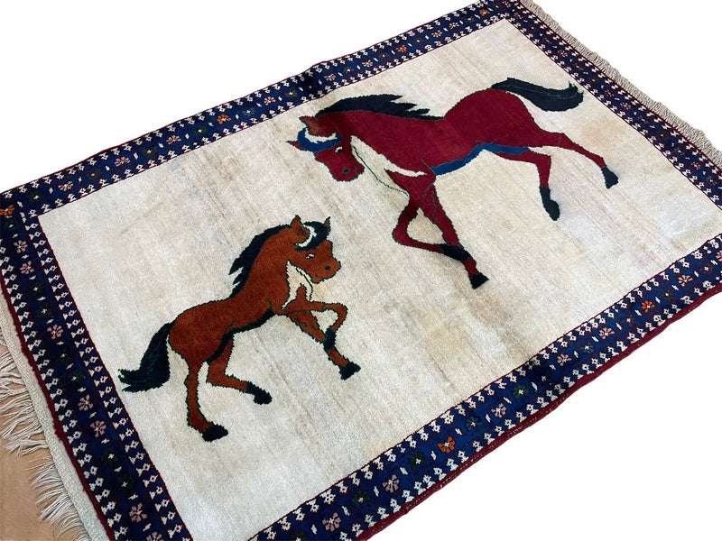 3.5 X 5 Handmade Hand-Knotted Quality Wool Pictorial Brown Horses Animal Rug by Jewel Rugs
