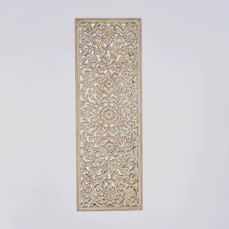 Floral Hand Carved Mandala Rectangle Wall Decor With Mirror - Antique Brown / White by HouseOfZazla
