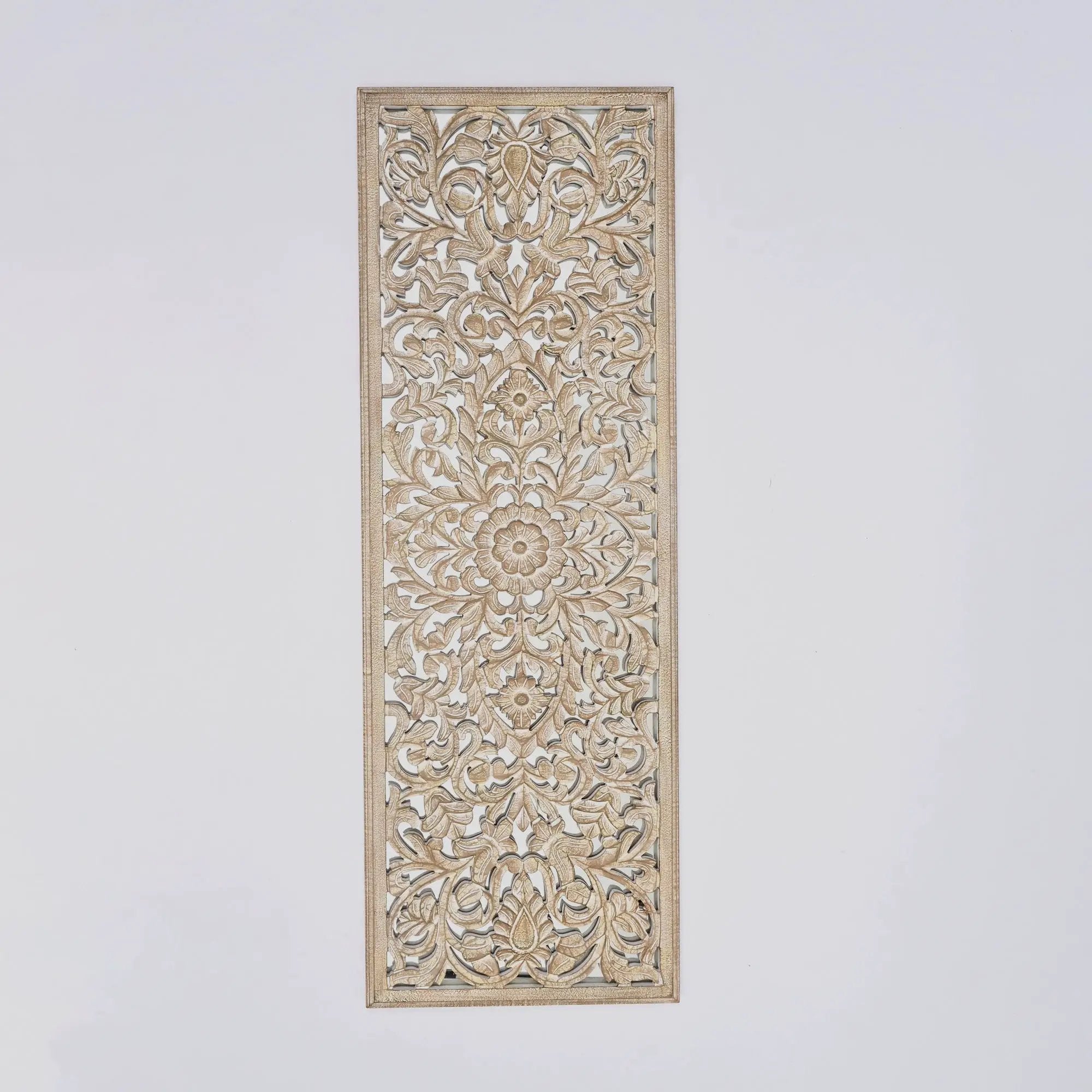 Floral Hand Carved Mandala Rectangle Wall Decor With Mirror - Antique Brown / White by Unique Piece Furniture