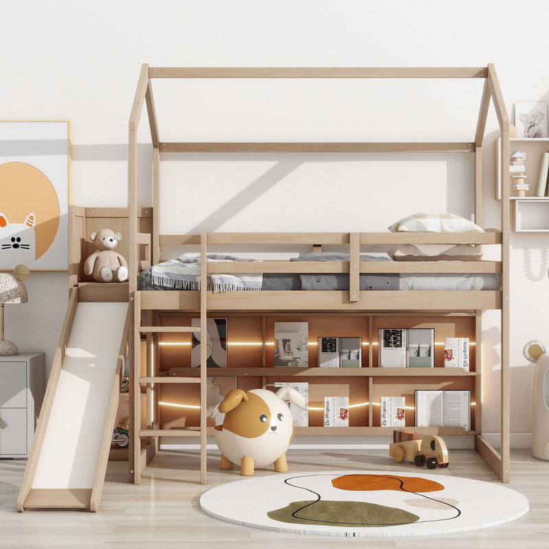 House Loft Bed With Slide, Storage Shelves And Light, Climbing Ramp by Unique Piece Furniture