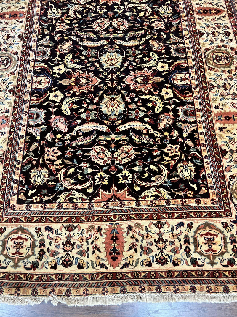 Indo Persian Rug 5x15, Wide Runner Rug 5 x 15 ft, Wool Hand Knotted Vintage Carpet, Black & Cream, Floral Allover Long Oriental Rug by Jewel Rugs