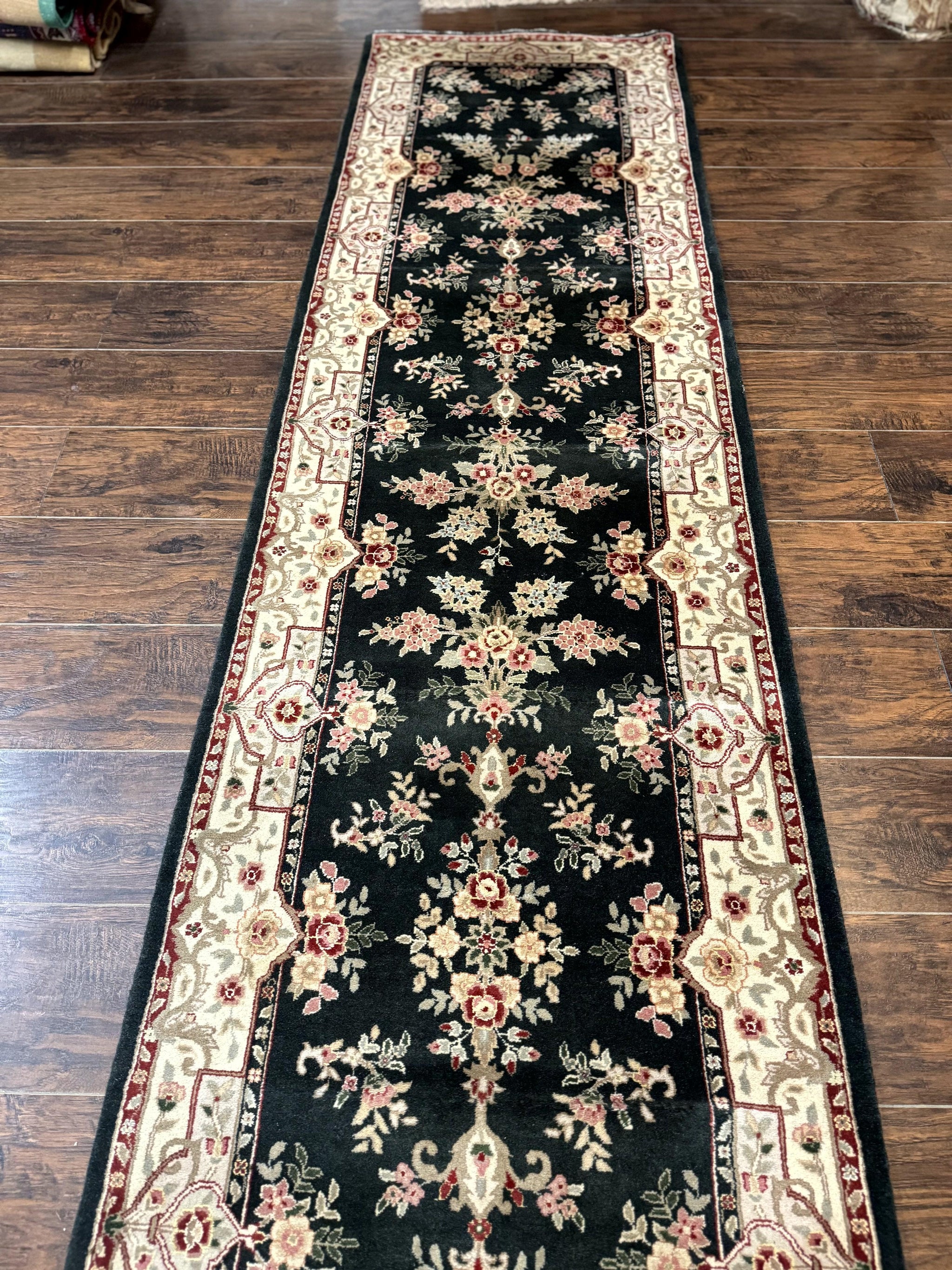 Long Pak Persian Runner Rug 2.7 x 21, Floral Allover, Dark Green and Beige, Handmade Wool Runner Rug, 21ft Runner for Hallway by Jewel Rugs