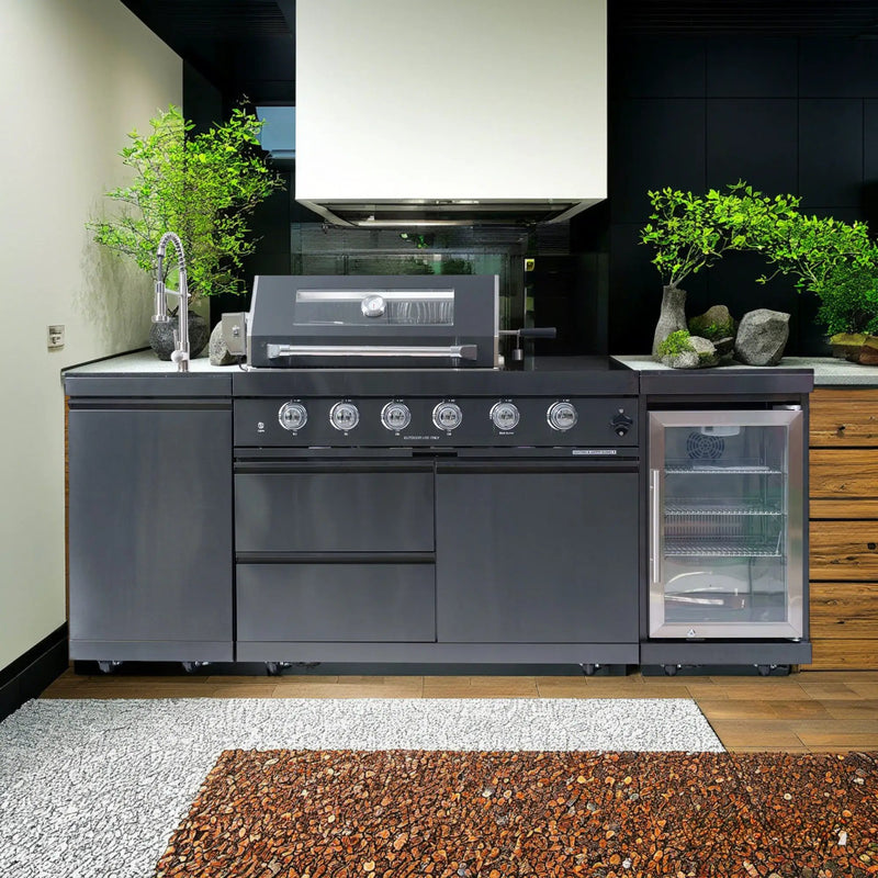 NG 85" 4-Burner 72,000 BTU Black Outdoor Kitchen Island Grill + Refrigerator + Sink by Chery Industrial