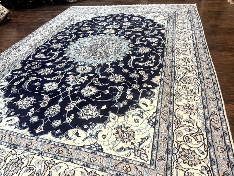 Persian Nain Rug 8x11, Navy Blue and Ivory, Handmade Wool Vintage Carpet, Floral Medallion by Jewel Rugs