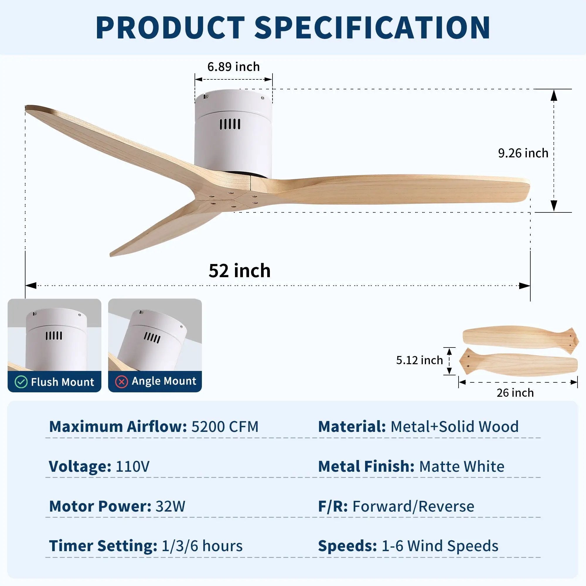 Low Profile Flush Ceiling Fan Without Light - Matte White / White by HouseOfZazla