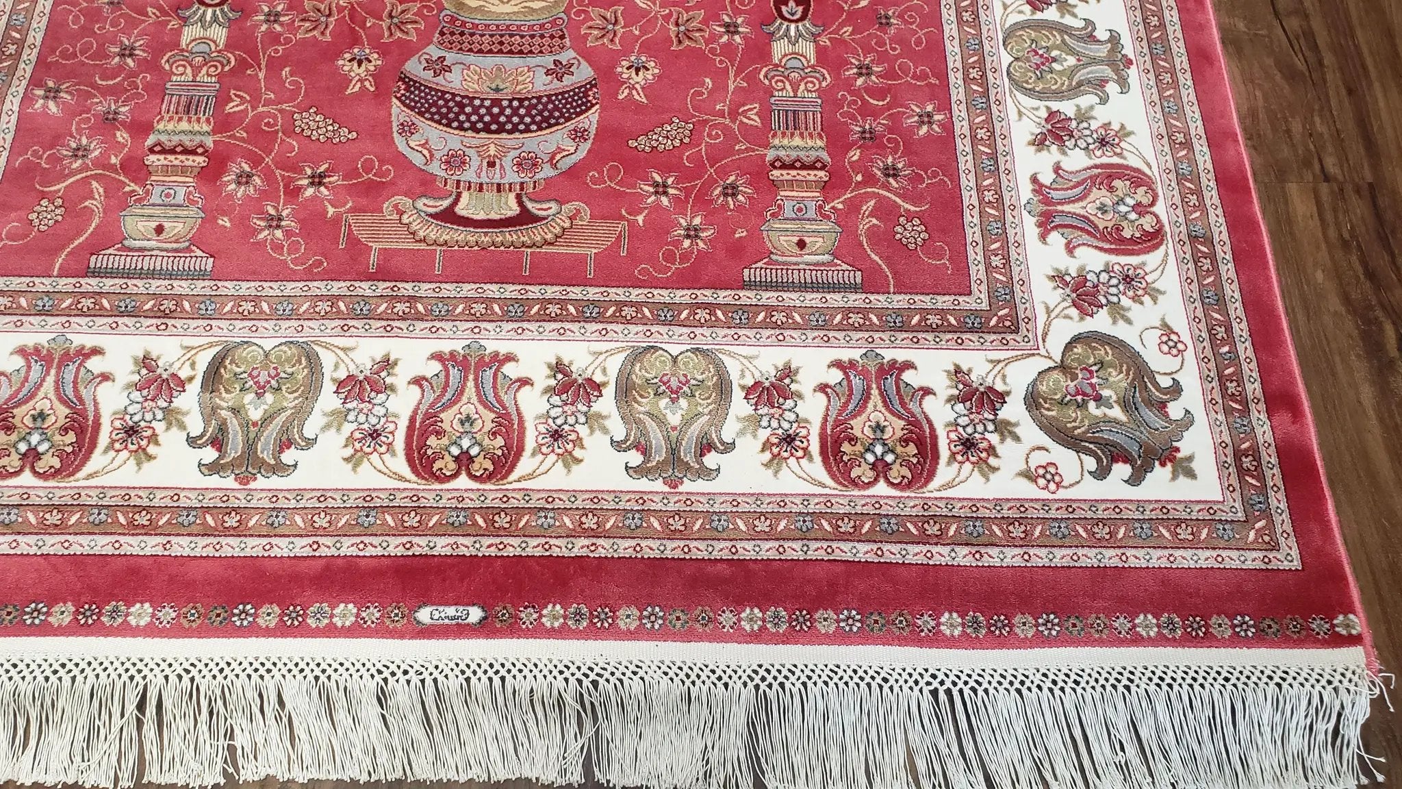 4 x 6 Silk Carpet Red, Traditional Oriental Rug 4x6, Flower Vase Columns, Turkish Rug New, High Quality, Bamboo Silk, Area Rug by Jewel Rugs