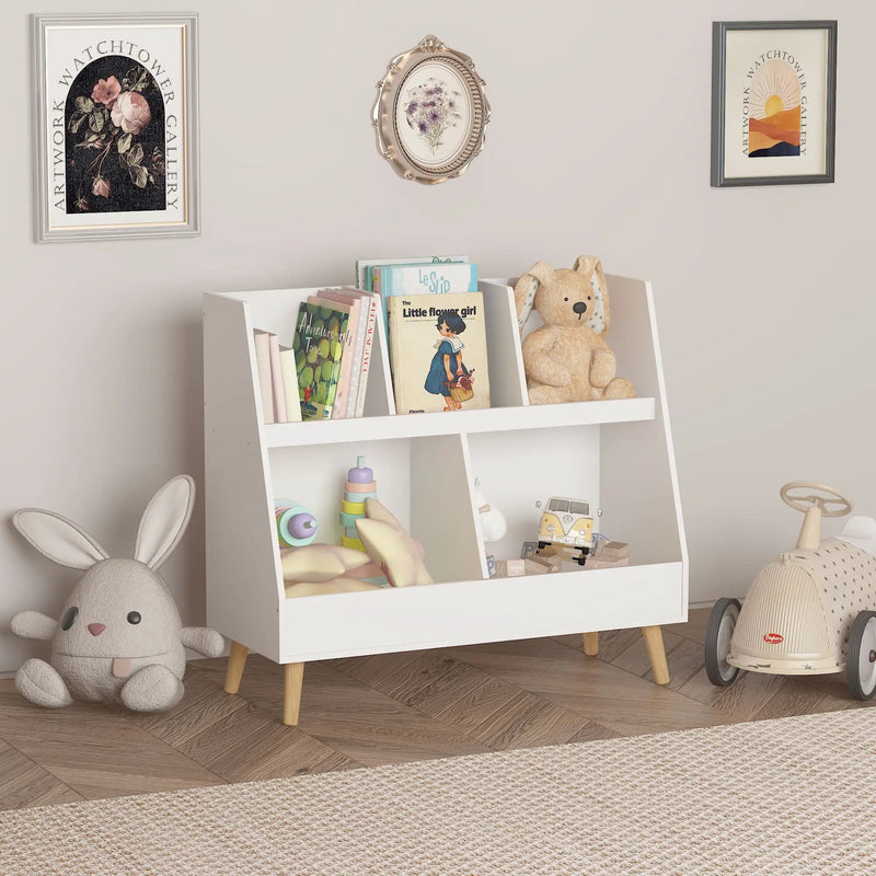 Kids Bookshelf And Toy Organizer, 5 Cubbies Wooden Open Bookcase, 2-Tier Baby Storage Display Organizer With Legs, Free Standing For Playing Room, Bedroom, Nursery, Classroom - White by HouseOfZazla