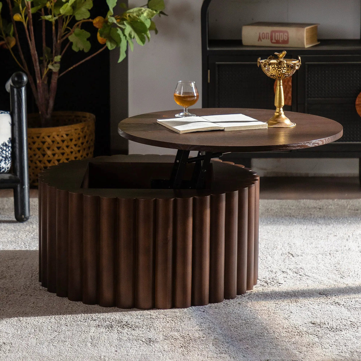Round Coffee Table With Lift Handcrafted Relief by HouseOfZazla