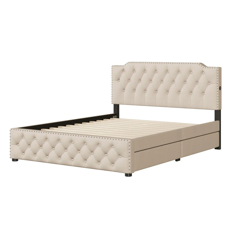 Upholstered Platform Bed With 2 Drawers And 2 Sets Of USB Ports On Each Side, Fabric by HouseOfZazla