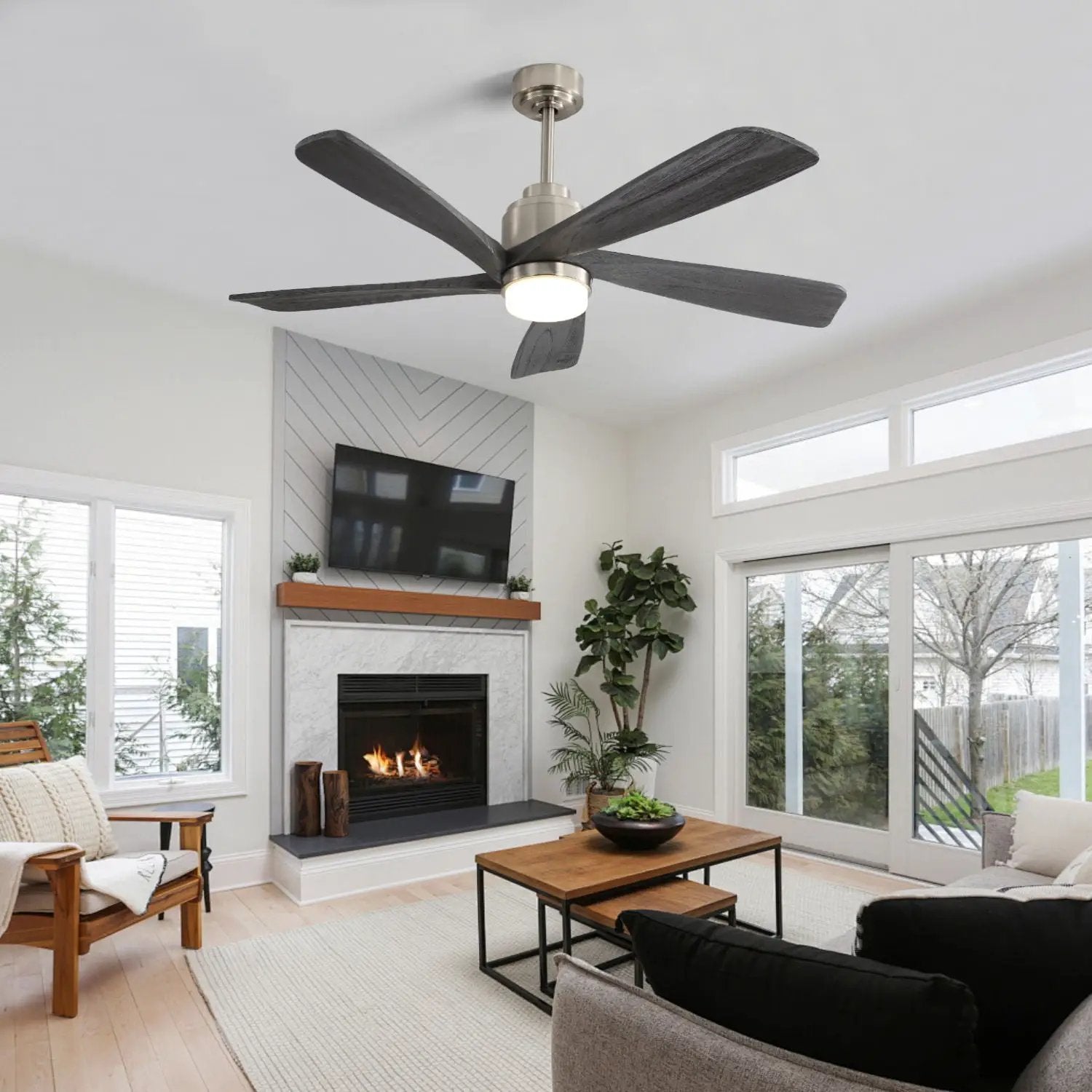 Modern Ceiling Fan With Dimmable LED Light 5 Solid Wood Blades Remote Control Reversible Dc Motor With Smart App Control - Nickel by Unique Piece Furniture