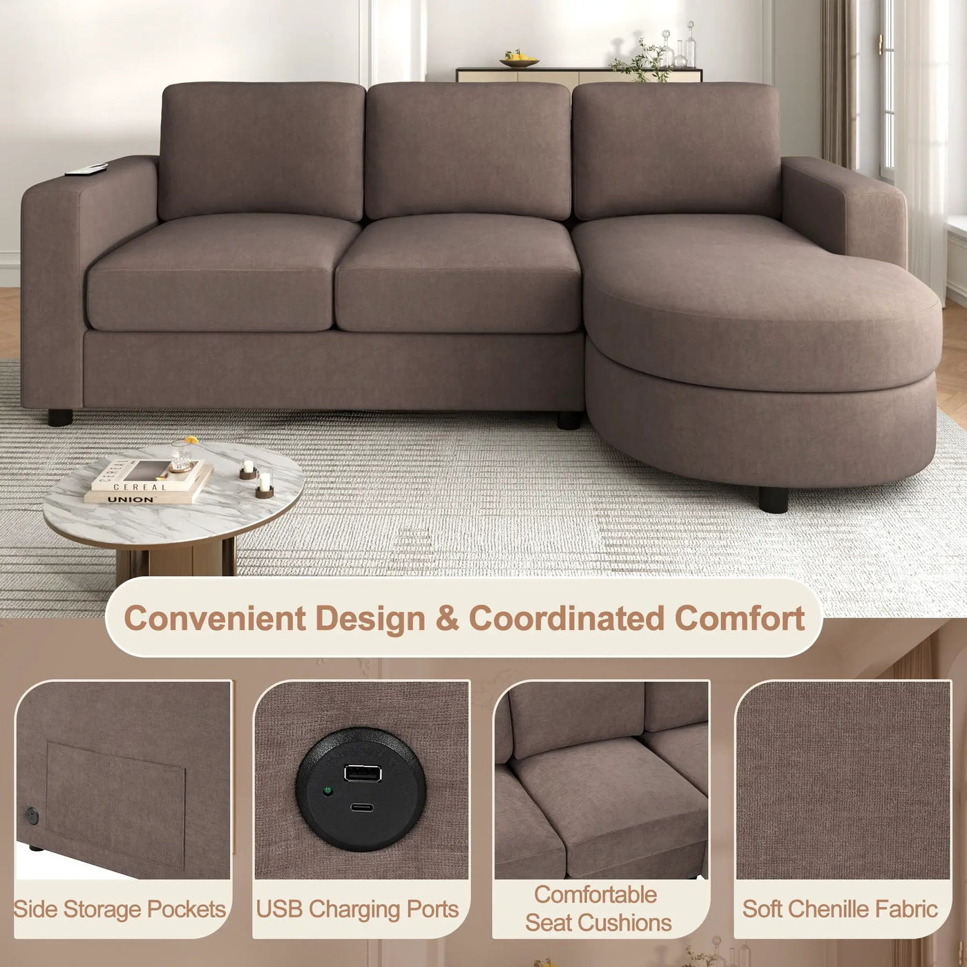 Modern L-Shaped Sectional Sofa With Curved Chaise, USB Ports, And Side Storage Pockets by HouseOfZazla