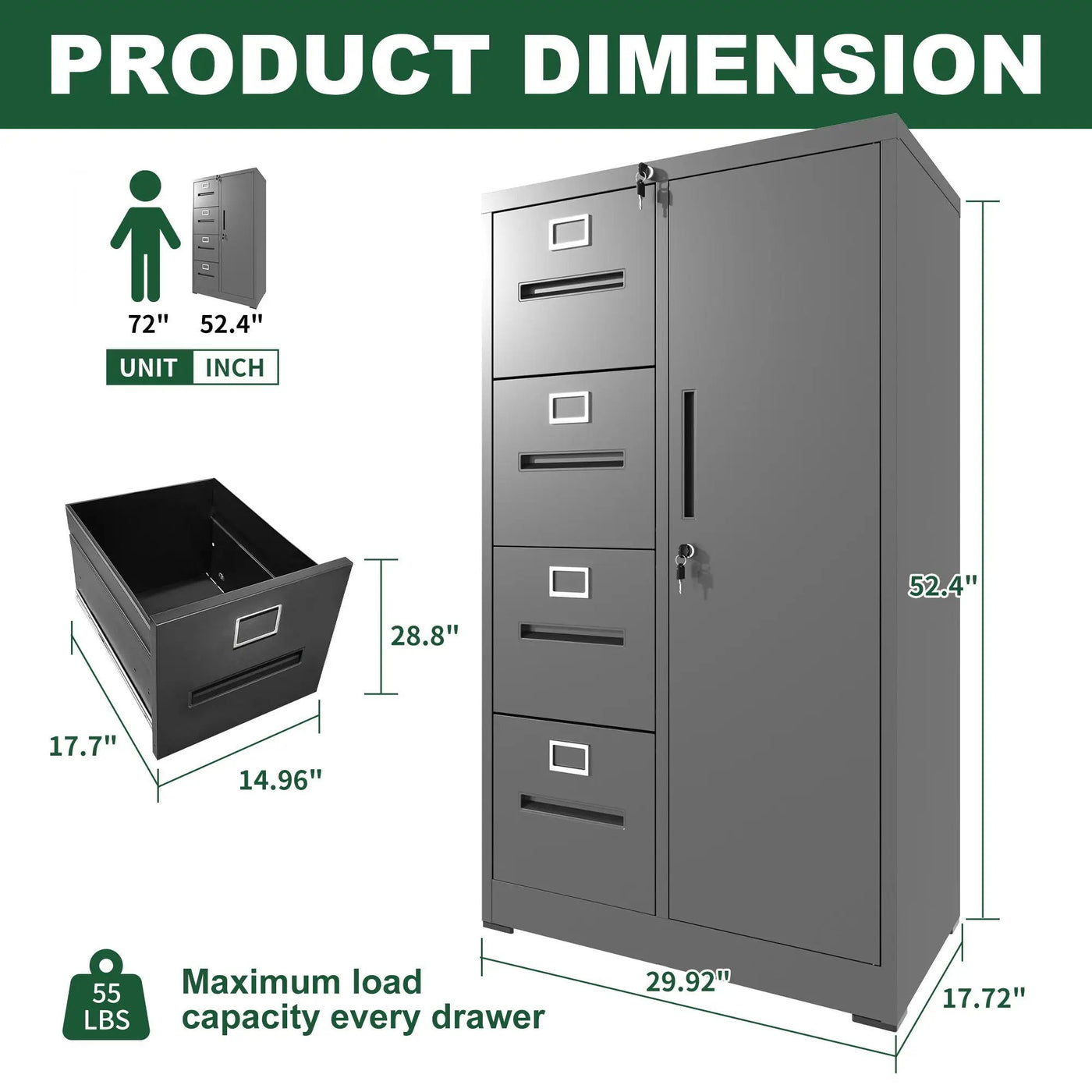 Metal Storage Vertical Filing Cabinet With Lock, 4 Drawers, 1 Door, Steel Construction, School / Office Use by HouseOfZazla