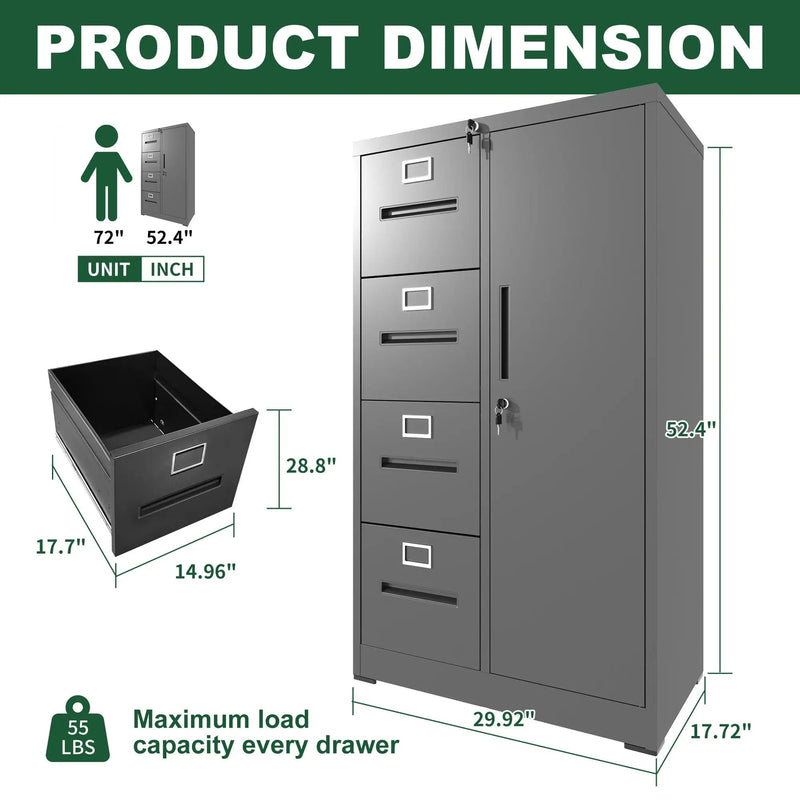 Metal Storage Vertical Filing Cabinet With Lock, 4 Drawers, 1 Door, Steel Construction, School / Office Use by HouseOfZazla