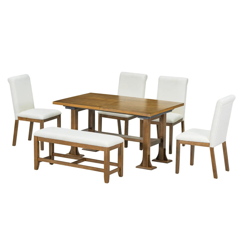 Topmax - 6 Piece Farmhouse Extendable Dining Table Set Trestle Kitchen Table Set With Removable Leaf And Upholstered Dining Chair And Bench For Dining Room by HouseOfZazla