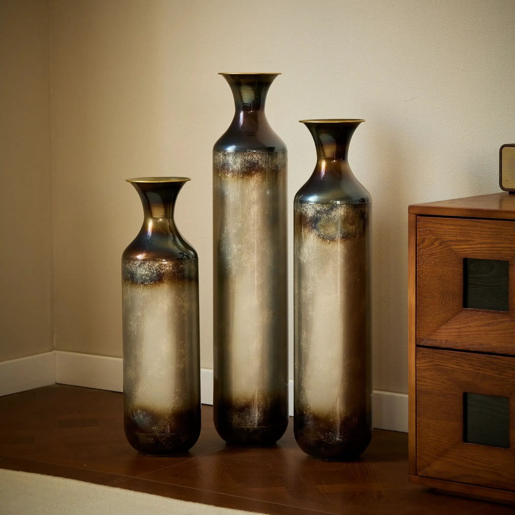 Modern Droplet Shaped Floor Vase Set, Glazed Metal Decorative Vases 3 Piece Home Accent For Living Room - Gold / White by HouseOfZazla