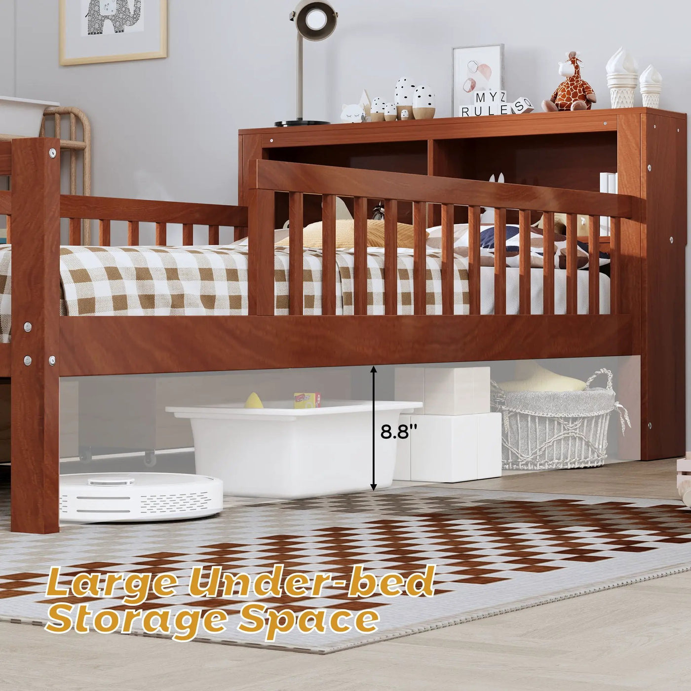Bed With Headboard Storage Rack, 2 Under Bed Drawers, 3 Side Guardrails For Safety by HouseOfZazla