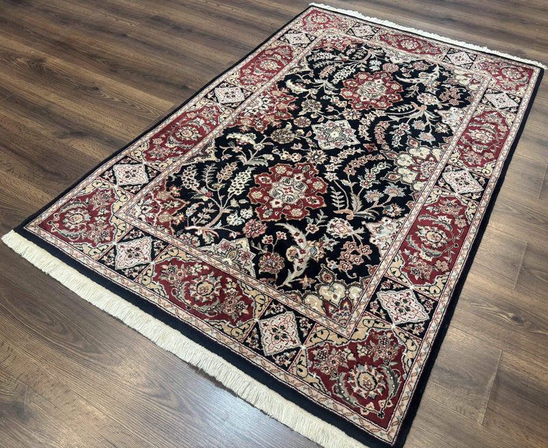 Pak Persian Rug 4x6, Black and Burgundy, Floral Allover, Wool and Silk by Jewel Rugs