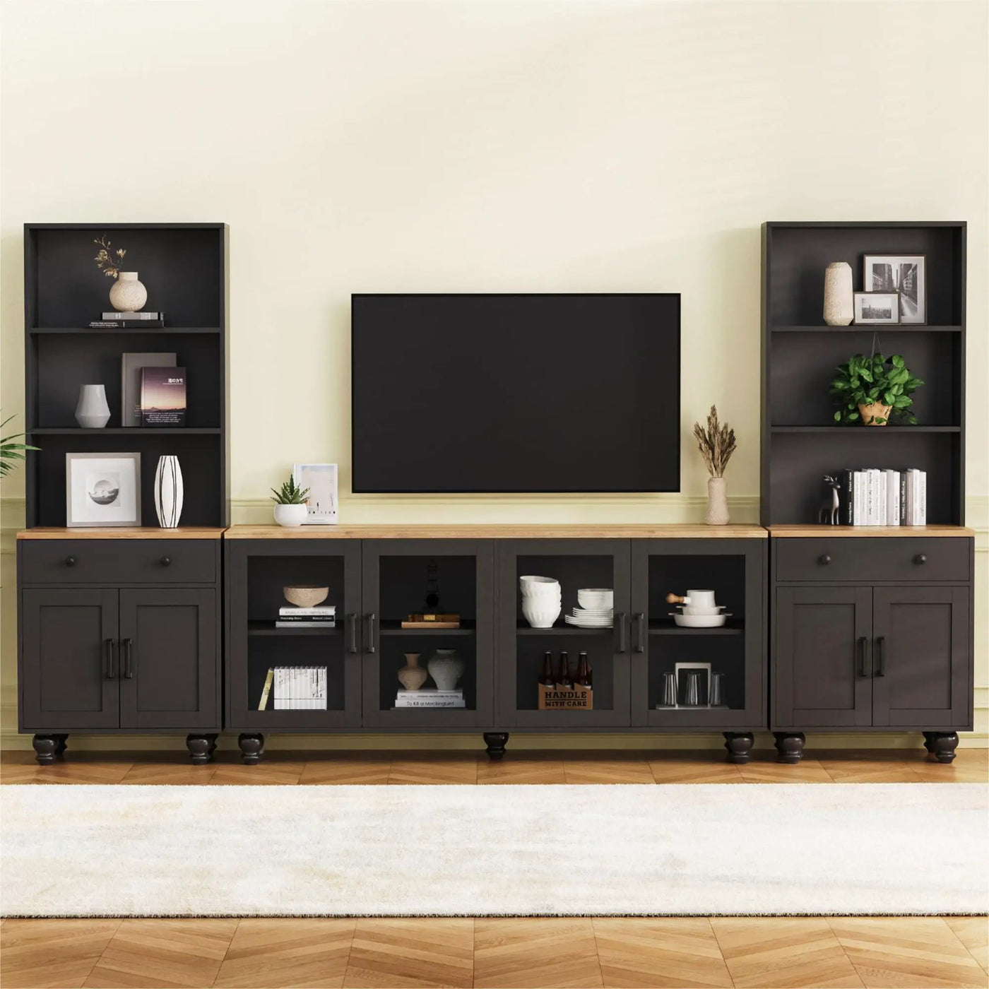 Farmhouse TV Stand With Solid Wood Gourd Shaped Legs For TVs Up To 70" by HouseOfZazla