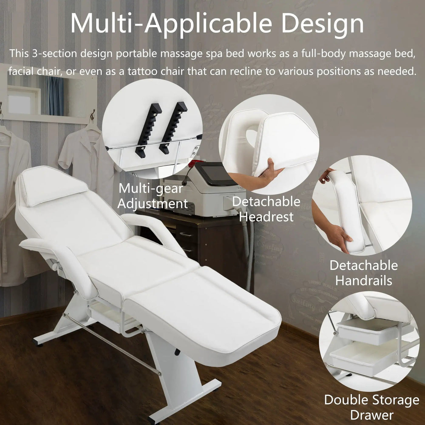Massage Salon Tattoo Chair With Two Trays Esthetician Bed With Hydraulic Stool, Multi-Purpose 3-Section Facial Bed Table, Adjustable Beauty Barber Spa Beauty Equipment by HouseOfZazla