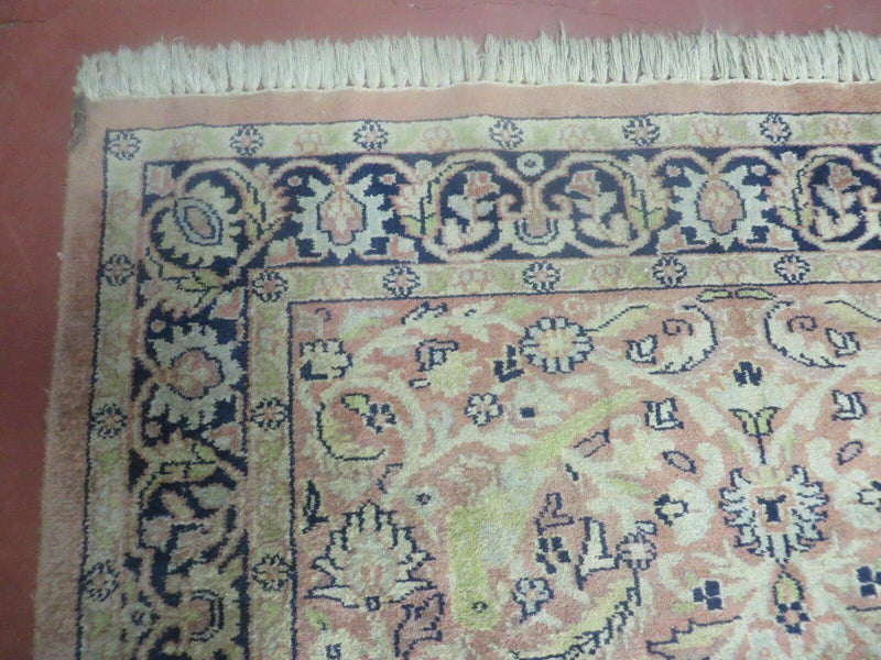 Indian Silk Rug 4x6, Indian Kashmiri Silk Carpet 4 x 6 ft, Vintage Hand Knotted Floral Bird Motifs, Light Pink and Navy Blue, Silk on Cotton by Jewel Rugs