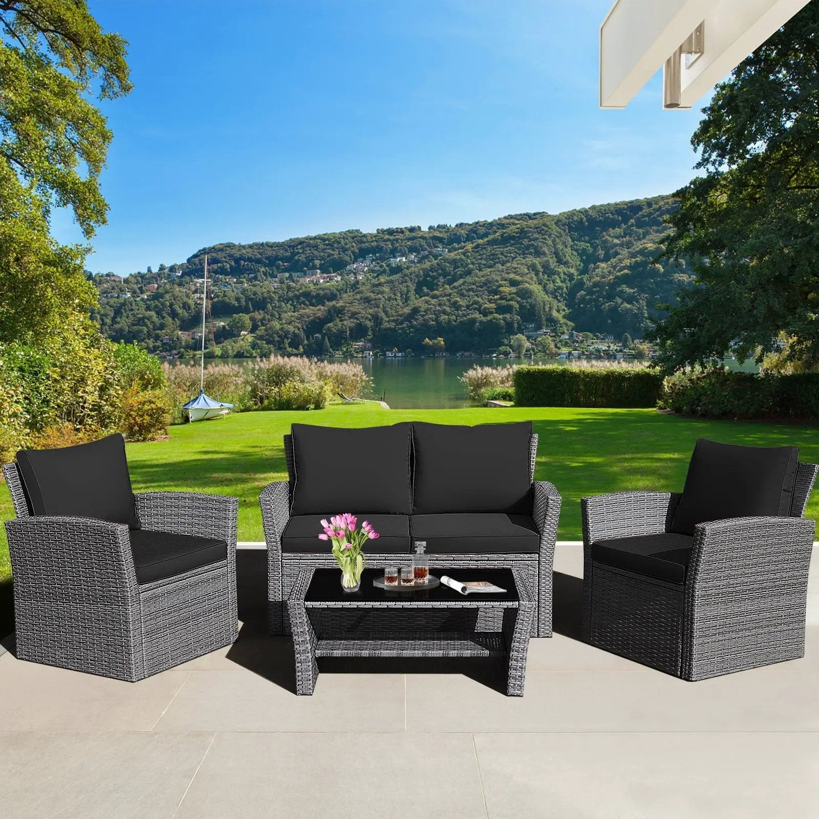 4 Pieces Patio Rattan Furniture Set Sofa Table with Storage Shelf Cushion by DirectDeals