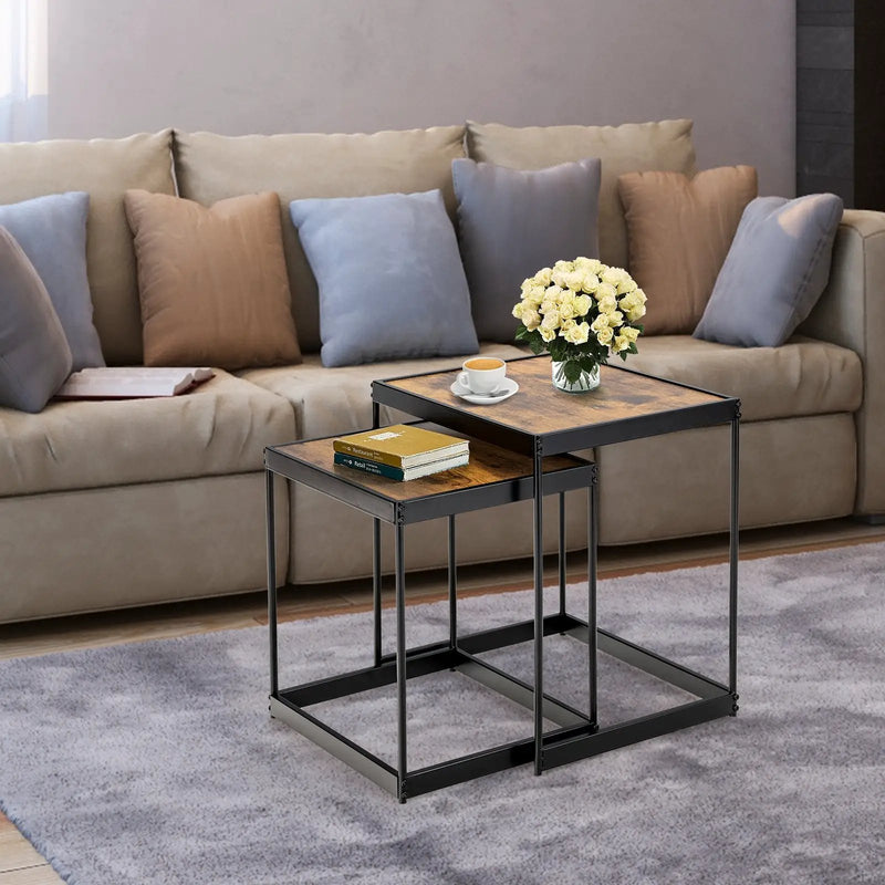Set of 2 Modern Nesting End Tables with Metal Legs for Living Room-Rustic Brown by DirectDeals