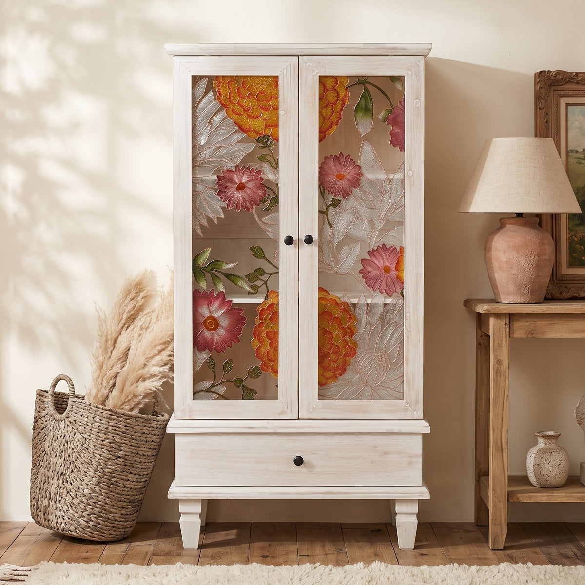 French Country Accent Cabinet with 2 Glass Doors and Drawers - White Antique, photo 3 of 10