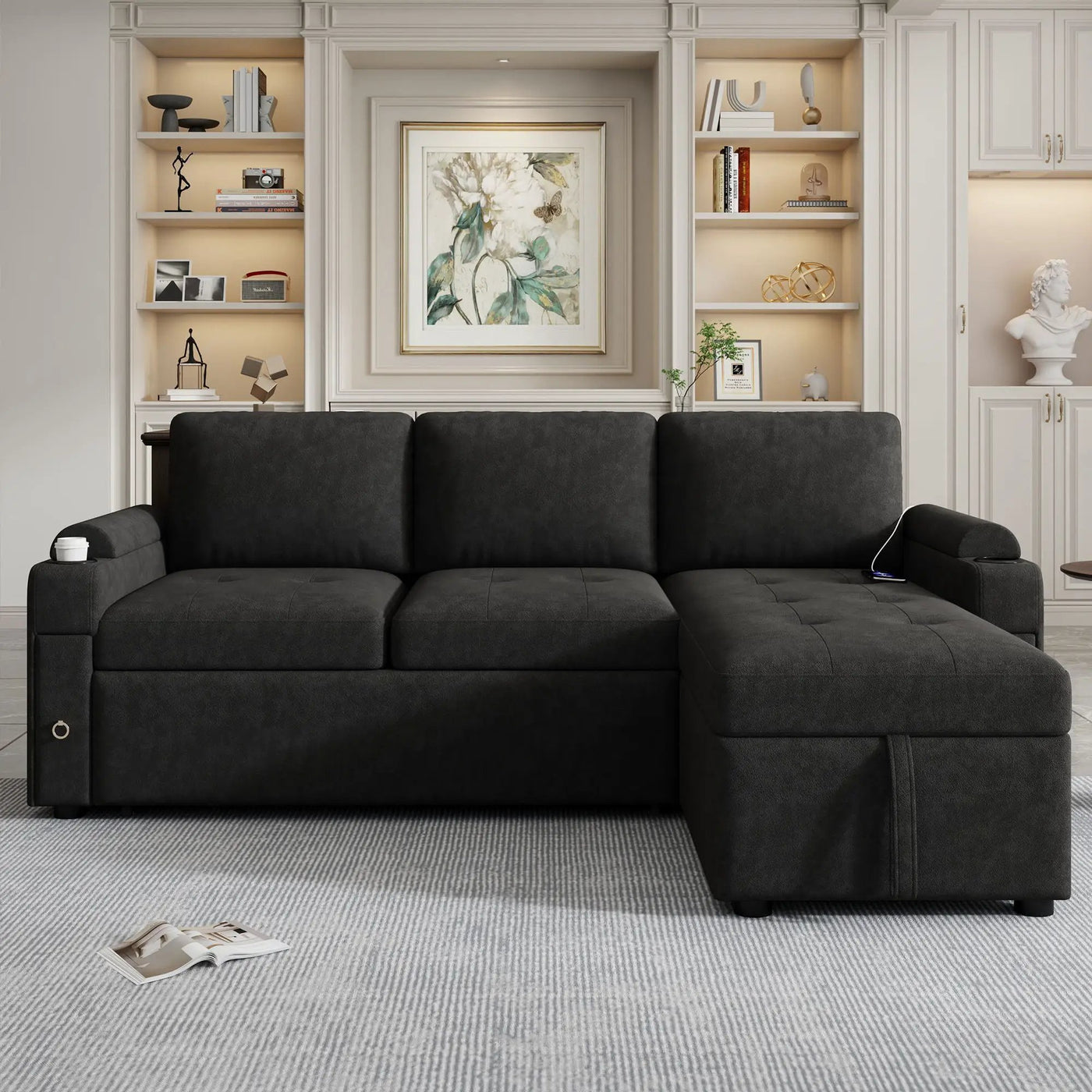 Convertible L Shaped Sofa Couch With Storage, Cup Holders, USB Ports by HouseOfZazla