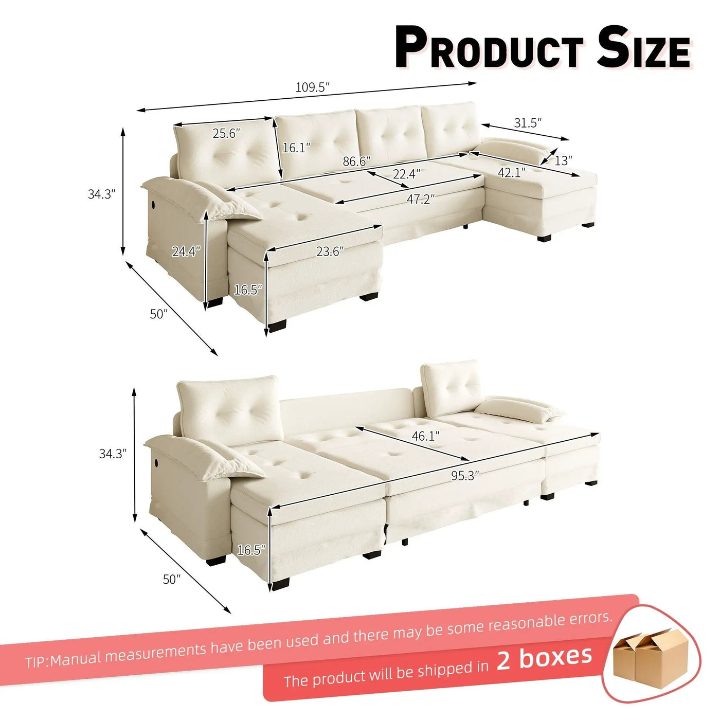 U-Shaped Sleeper Sofa With Pull Out Bed, Removable Armrests & USB Ports For Living Room by HouseOfZazla