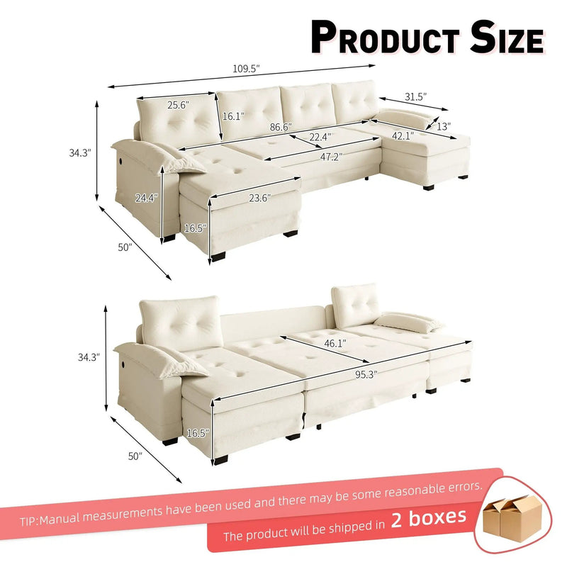 U-Shaped Sleeper Sofa With Pull Out Bed, Removable Armrests & USB Ports For Living Room by HouseOfZazla