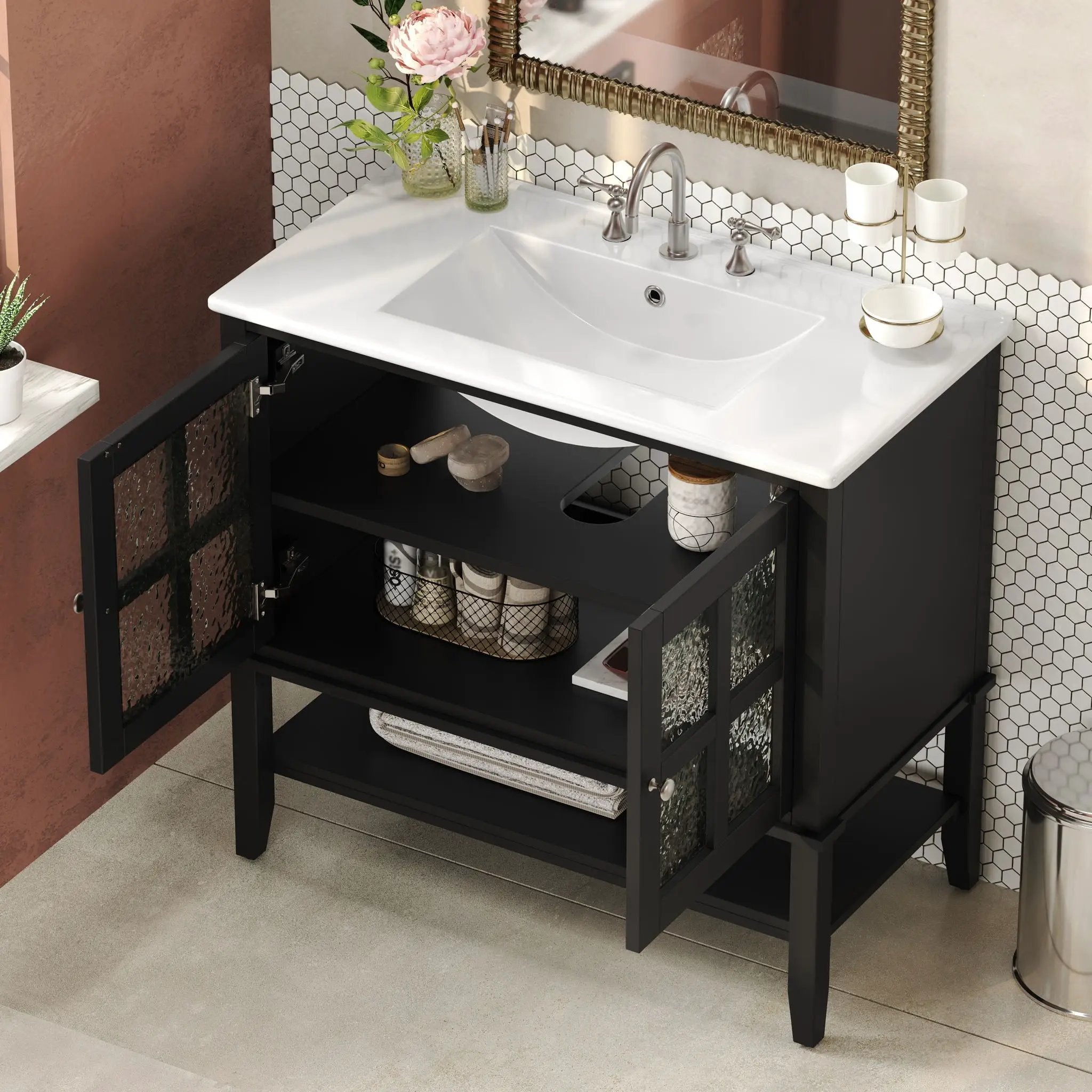 Bathroom Vanity With Ceramic Sink, Adjustable & Open Shelf by HouseOfZazla