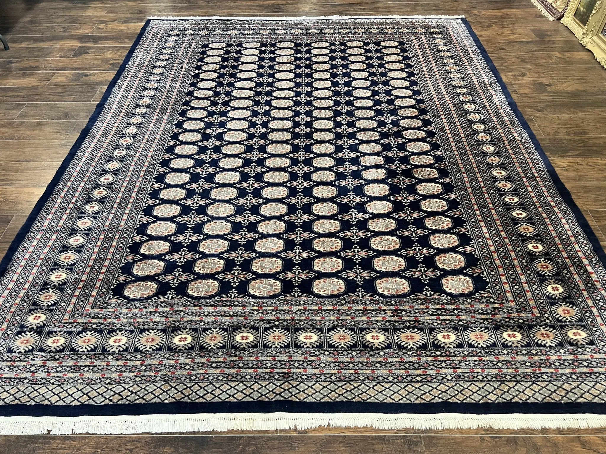 Pakistani Bokhara Rug 8x10, Turkoman Carpet, Dark Blue and Beige, Vintage Handmade Wool Carpet by Jewel Rugs