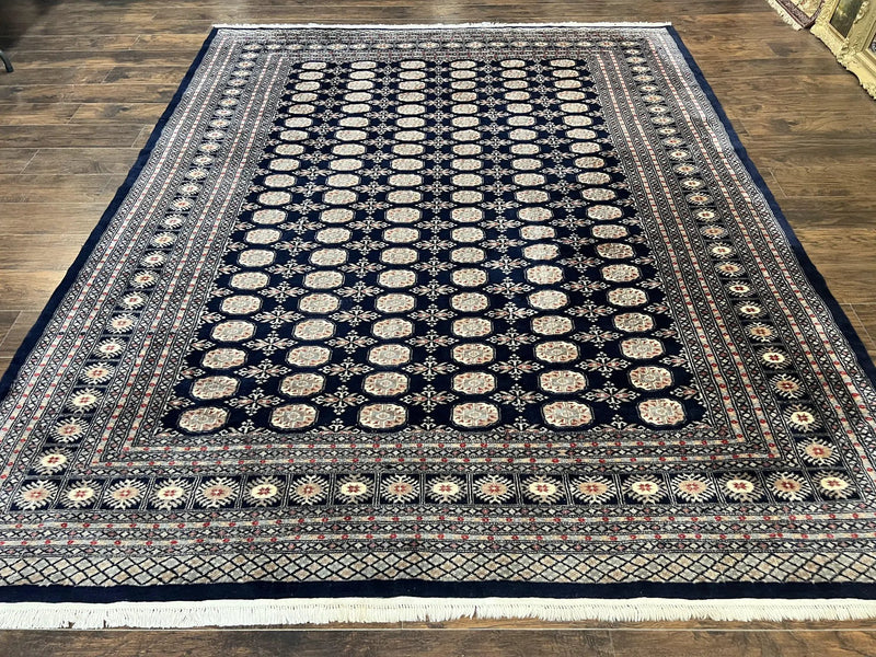 Pakistani Bokhara Rug 8x10, Turkoman Carpet, Dark Blue and Beige, Vintage Handmade Wool Carpet by Jewel Rugs