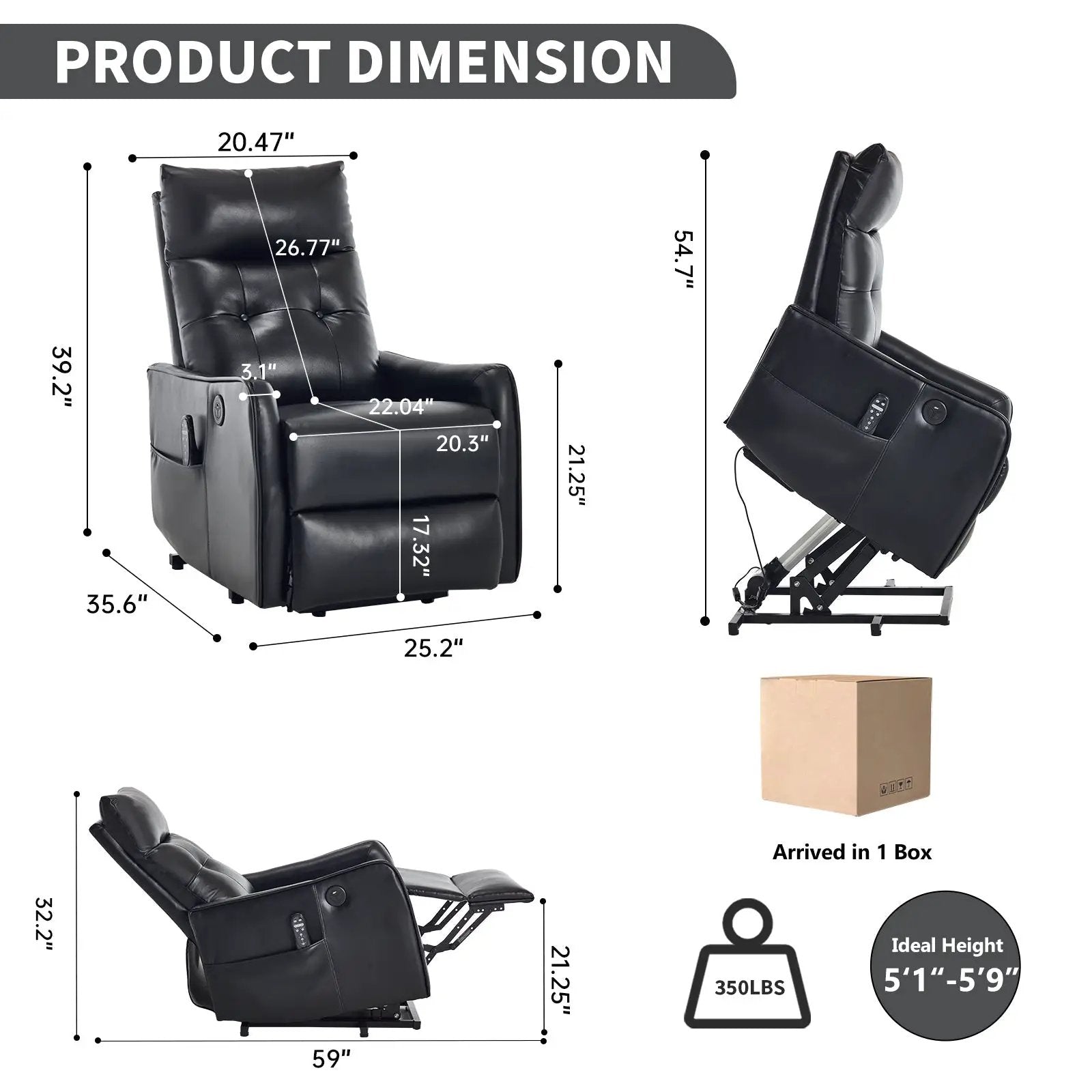 Black PU Single Motor Power Lift Recliner Chair by HouseOfZazla