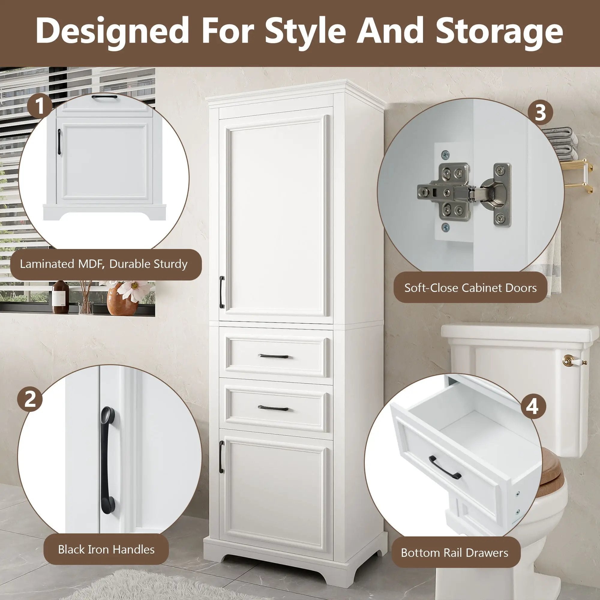 Freestanding Bathroom Vanity Tall With Damping Hinge Doors, Adjustable Shelves - White by HouseOfZazla