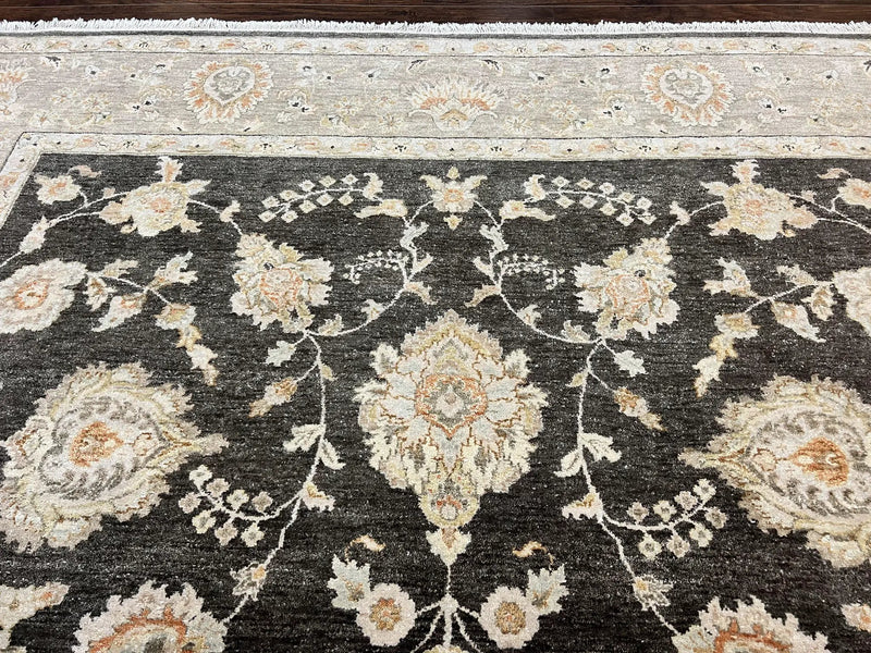 Indo Persian Rug 9x12, Sultanabad Indian Carpet, Dark Brown, Hand Knotted Vintage Wool Rug by Jewel Rugs